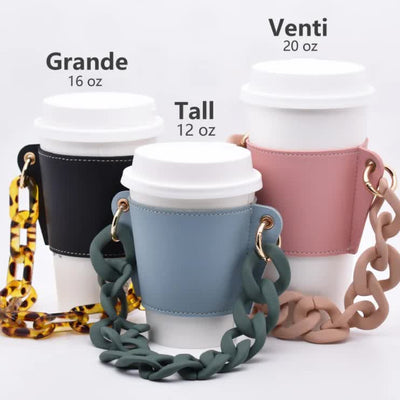 2 Pcs Pink Detachable Chain Coffee Cup Sleeve - PU Leather Insulated Cup Holder with Handle, 16cm Top, 70g(Cup not included, only cup sleeve and chain)