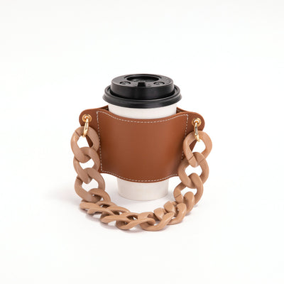 2 Pcs Brown Detachable Chain Coffee Cup Sleeve - PU Leather Insulated Cup Holder with Handle, 16cm Top, 70g(Cup not included, only cup sleeve and chain)