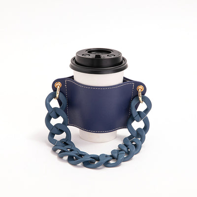 2 Pcs Dark Blue Detachable Chain Coffee Cup Sleeve - PU Leather Insulated Cup Holder with Handle, 16cm Top, 70g(Cup not included, only cup sleeve and chain)
