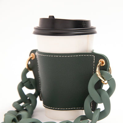 2 Pcs Dark Green Detachable Chain Coffee Cup Sleeve - PU Leather Insulated Cup Holder with Handle, 16cm Top, 70g(Cup not included, only cup sleeve and chain)