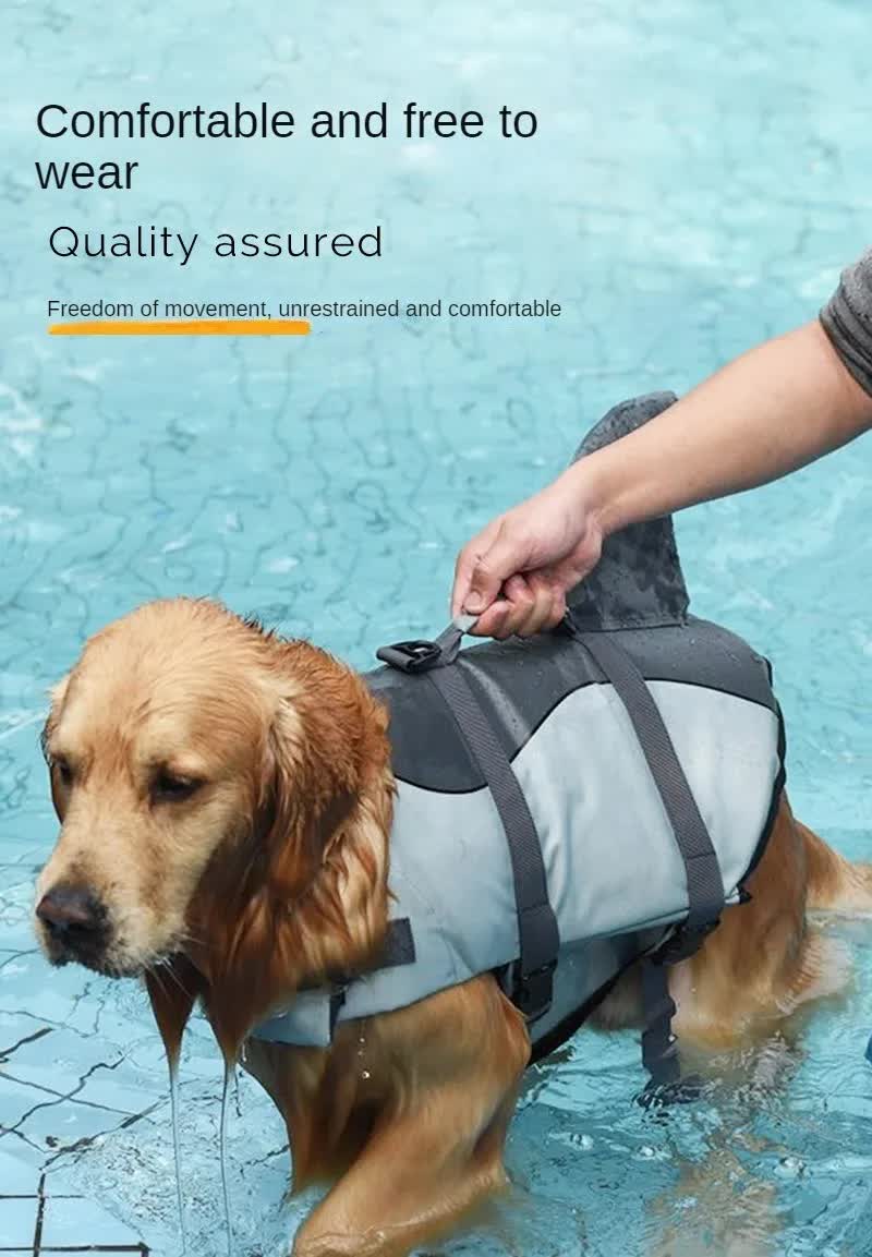 Size L Beige And Blue Sailboat Pattern Pet Life Jacket for Dogs - Summer Swimming Safety Vest with Shark Fin for Small to Large Breeds