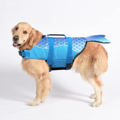Size M Blue Scales Pattern Pet Life Jacket for Dogs - Summer Swimming Safety Vest with Shark Fin for Small to Large Breeds