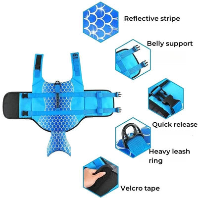 Size L Blue Scales Pattern Pet Life Jacket for Dogs - Summer Swimming Safety Vest with Shark Fin for Small to Large Breeds