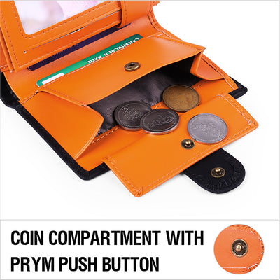 Black And Orange Men's Short Leather Wallet with RFID Protection - Genuine Cowhide Cardholder with Coin Pocket