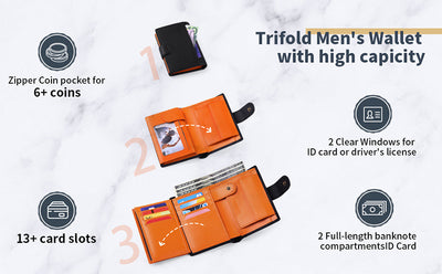 Black And Orange Men's Short Leather Wallet with RFID Protection - Genuine Cowhide Cardholder with Coin Pocket