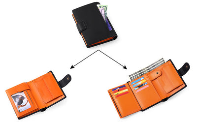 Black And Orange Men's Short Leather Wallet with RFID Protection - Genuine Cowhide Cardholder with Coin Pocket