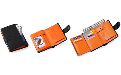 Black And Orange Men's Short Leather Wallet with RFID Protection - Genuine Cowhide Cardholder with Coin Pocket