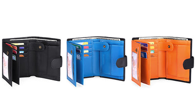 Black And Orange Men's Short Leather Wallet with RFID Protection - Genuine Cowhide Cardholder with Coin Pocket