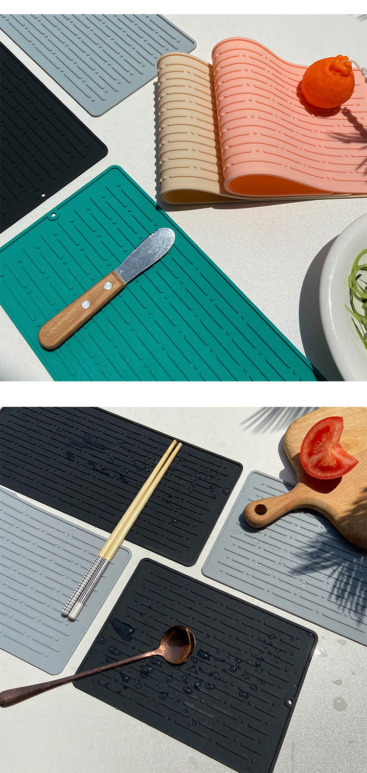 30*14.5CM Grey Silicone Draining Mat 4-Pack - Heat-Resistant Non-Slip Kitchen and Bathroom Pad for Cups and Utensils