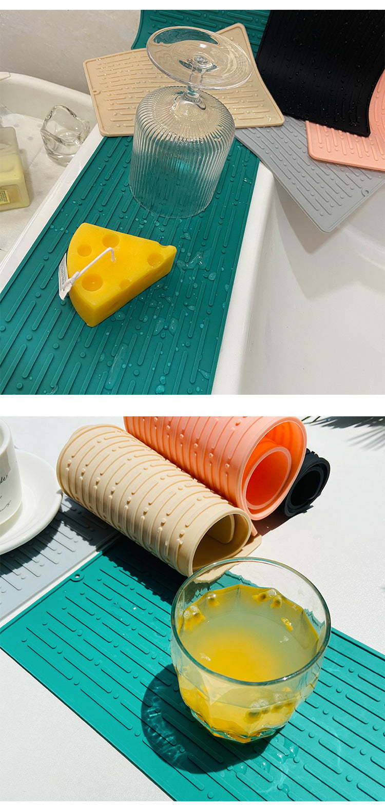 30*14.5CM Grey Silicone Draining Mat 4-Pack - Heat-Resistant Non-Slip Kitchen and Bathroom Pad for Cups and Utensils