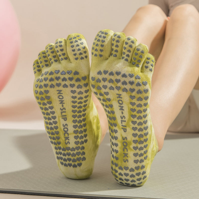 2 pairs Black tie-dye Non-Slip Yoga Socks for Women - Five-Toe Cotton Blend Socks for Pilates and Indoor Sports