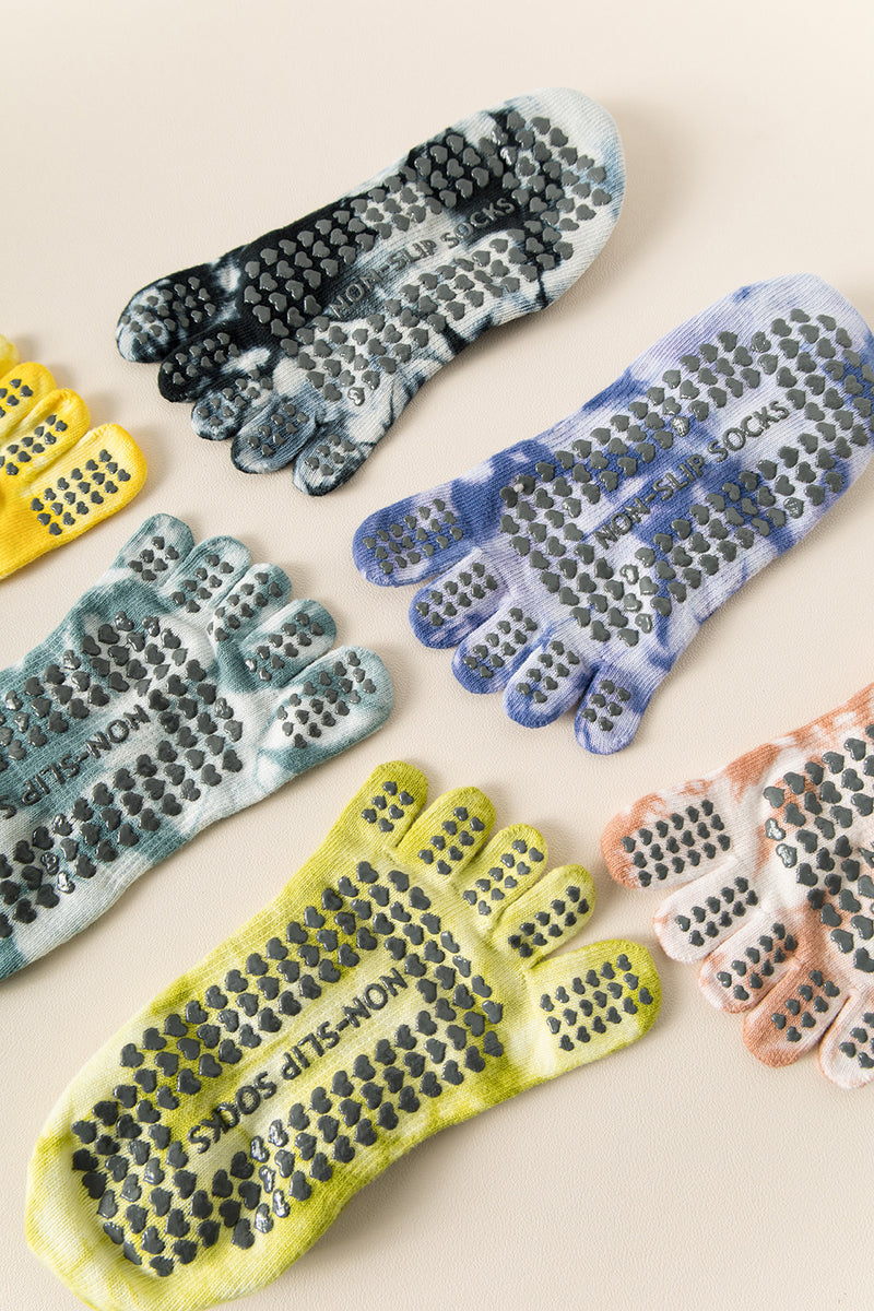 2 pairs Black tie-dye Non-Slip Yoga Socks for Women - Five-Toe Cotton Blend Socks for Pilates and Indoor Sports