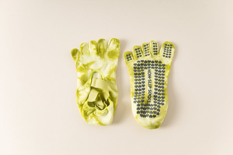 2 Pairs Light Green Tie-Dye Non-Slip Yoga Socks for Women - Five-Toe Cotton Blend Socks for Pilates and Indoor Sports