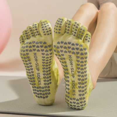 2 Pairs Pink Tie-Dye Non-Slip Yoga Socks for Women - Five-Toe Cotton Blend Socks for Pilates and Indoor Sports