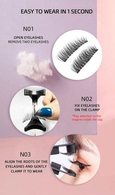 Style 3 Black Magnetic False Eyelashes Kit - 3 Pairs with Applicator Clip and Mirror Case