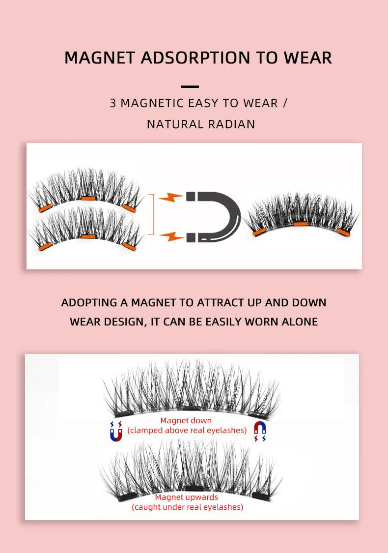 Style 3 Black Magnetic False Eyelashes Kit - 3 Pairs with Applicator Clip and Mirror Case