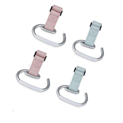Pink Stroller Hooks 4-Pack - Leather and Alloy Pram Hooks with Velcro for Mom Bags and Accessories
