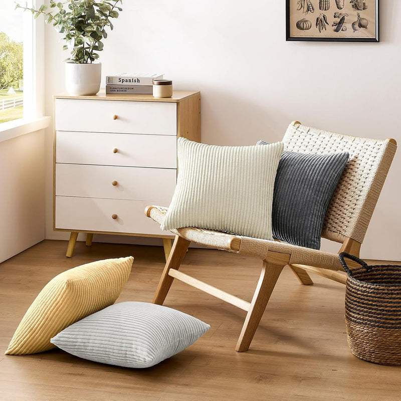 Yellow Plush Striped Pillow Covers 45x45cm - Set of 4 Corduroy-Style Cushion Covers with Invisible Zipper, Soft and Washable for Sofa Decor