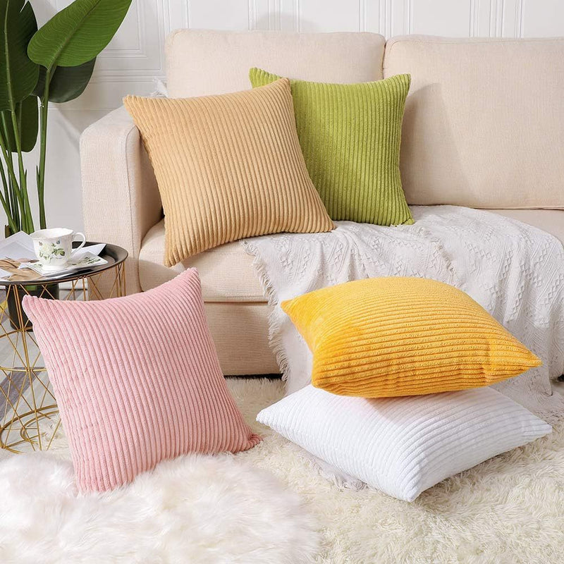 Yellow Plush Striped Pillow Covers 45x45cm - Set of 4 Corduroy-Style Cushion Covers with Invisible Zipper, Soft and Washable for Sofa Decor