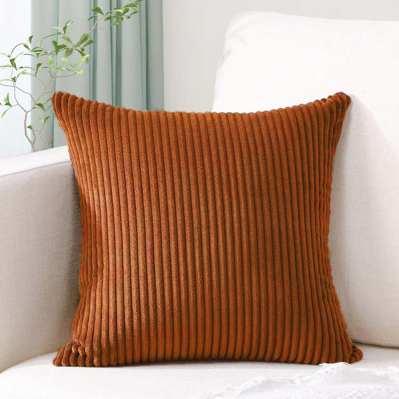Brick Red Plush Striped Pillow Covers 45x45cm - Set of 4 Corduroy-Style Cushion Covers with Invisible Zipper, Soft and Washable for Sofa Decor
