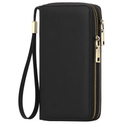 Black Double Zipper Women's Wallet - Large Capacity Clutch Organizer with Wristlet Strap