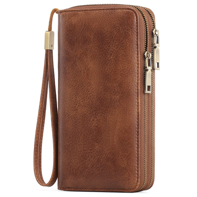 Brown Double Zipper Women's Wallet - Large Capacity Clutch Organizer with Wristlet Strap