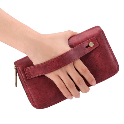 Red Double Zipper Women's Wallet - Large Capacity Clutch Organizer with Wristlet Strap