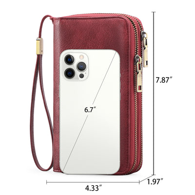 Red Double Zipper Women's Wallet - Large Capacity Clutch Organizer with Wristlet Strap