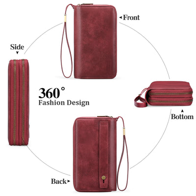 Red Double Zipper Women's Wallet - Large Capacity Clutch Organizer with Wristlet Strap