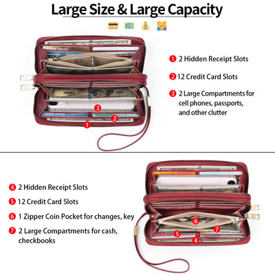 Red Double Zipper Women's Wallet - Large Capacity Clutch Organizer with Wristlet Strap