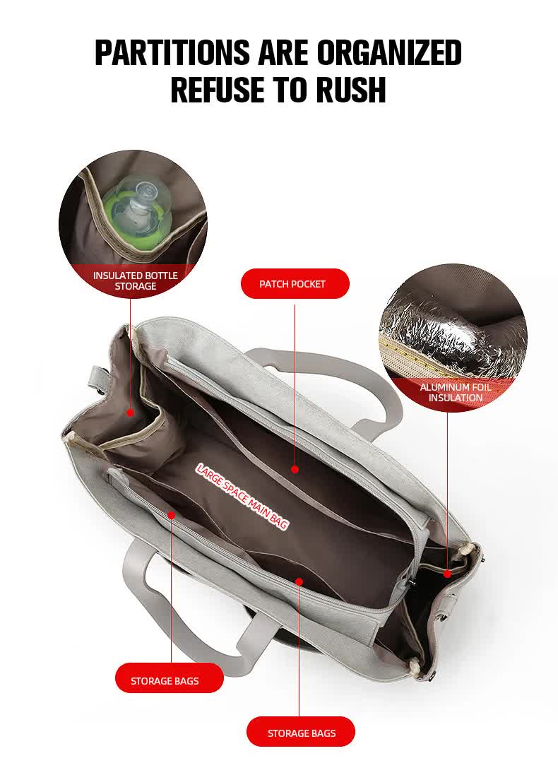 Size Small Grey Stylish Multi-Function Diaper Bag - Insulated Tote with Shoulder Strap for Baby Essentials