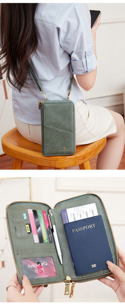 Green RFID Blocking Passport Wallet - Multi-Function Travel Organizer with Double Zipper and Crossbody Strap