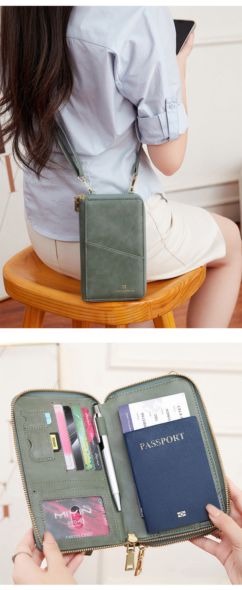 Green RFID Blocking Passport Wallet - Multi-Function Travel Organizer with Double Zipper and Crossbody Strap