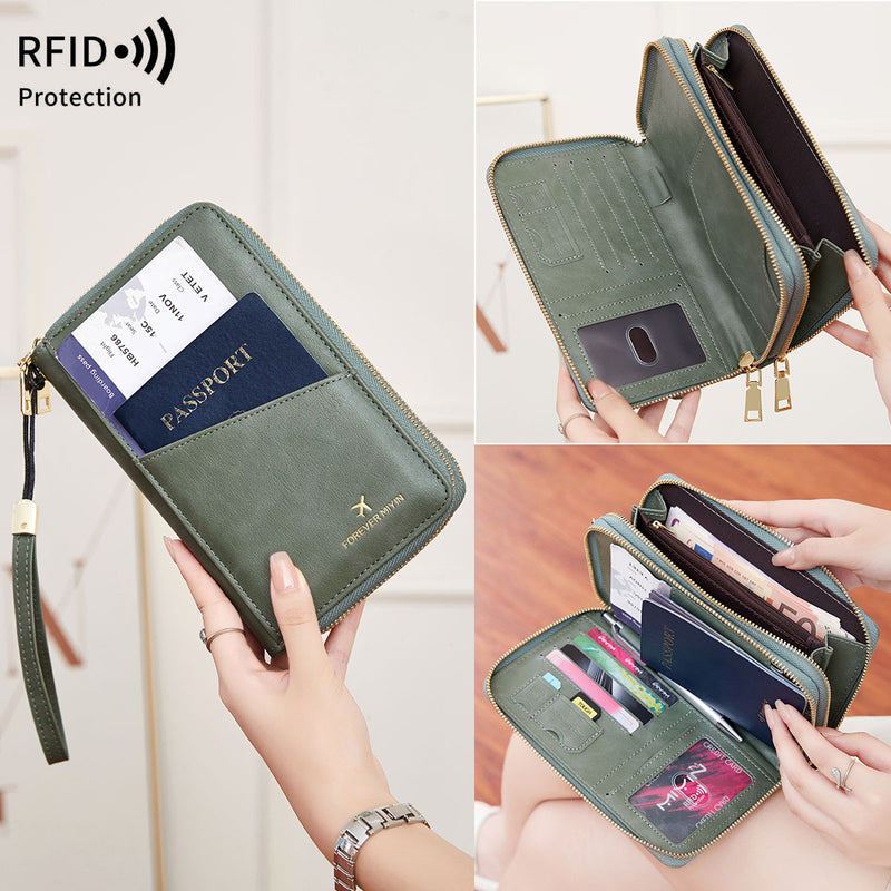 Green RFID Blocking Passport Wallet - Multi-Function Travel Organizer with Double Zipper and Crossbody Strap