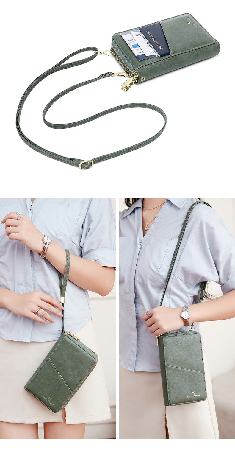 Light Brown RFID Blocking Passport Wallet - Multi-Function Travel Organizer with Double Zipper and Crossbody Strap