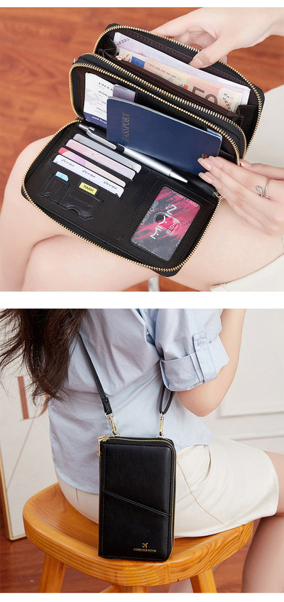 Black RFID Blocking Passport Wallet - Multi-Function Travel Organizer with Double Zipper and Crossbody Strap