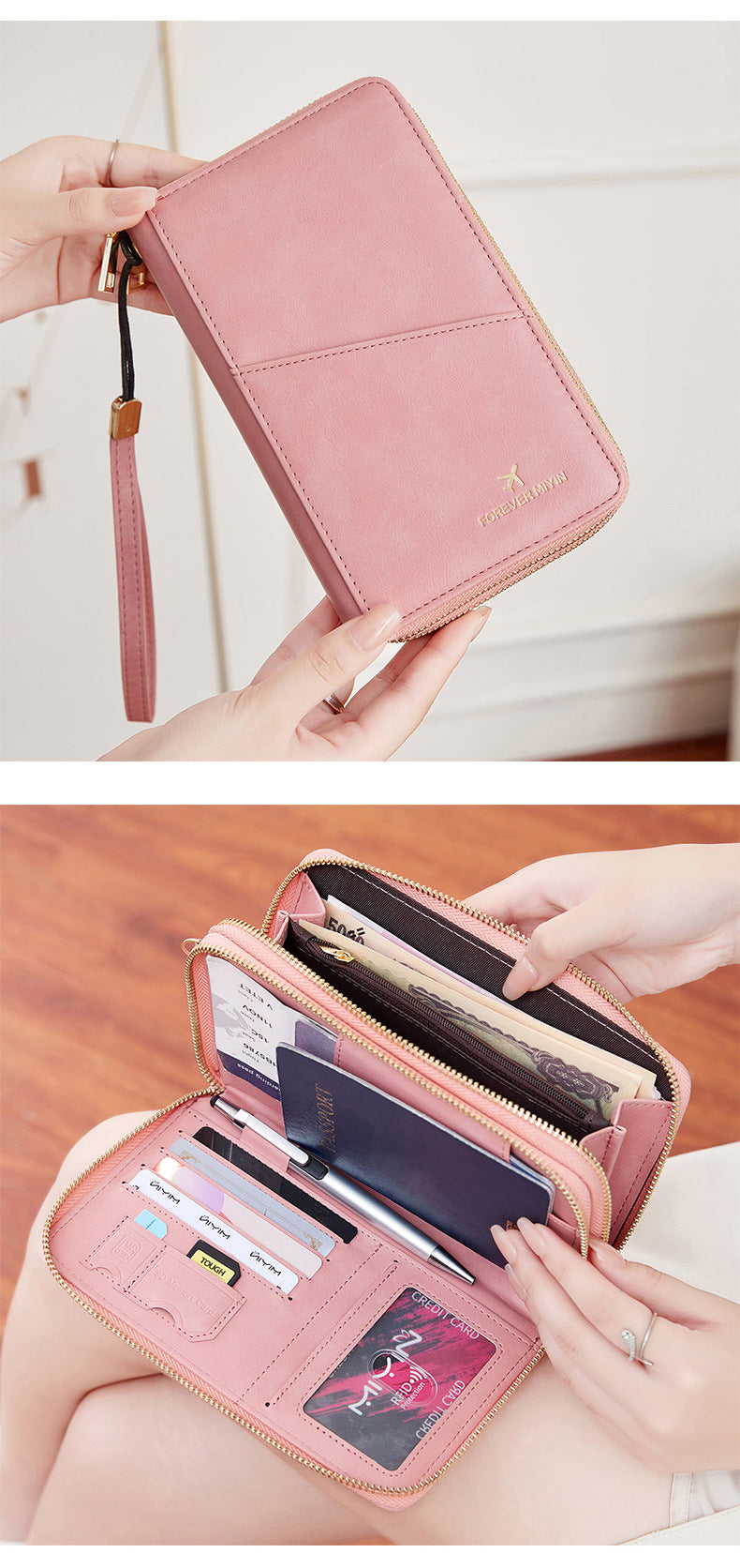 Pink RFID Blocking Passport Wallet - Multi-Function Travel Organizer with Double Zipper and Crossbody Strap
