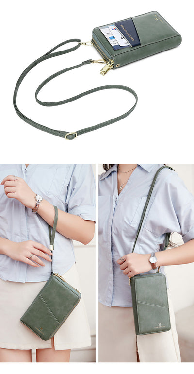 Pink RFID Blocking Passport Wallet - Multi-Function Travel Organizer with Double Zipper and Crossbody Strap