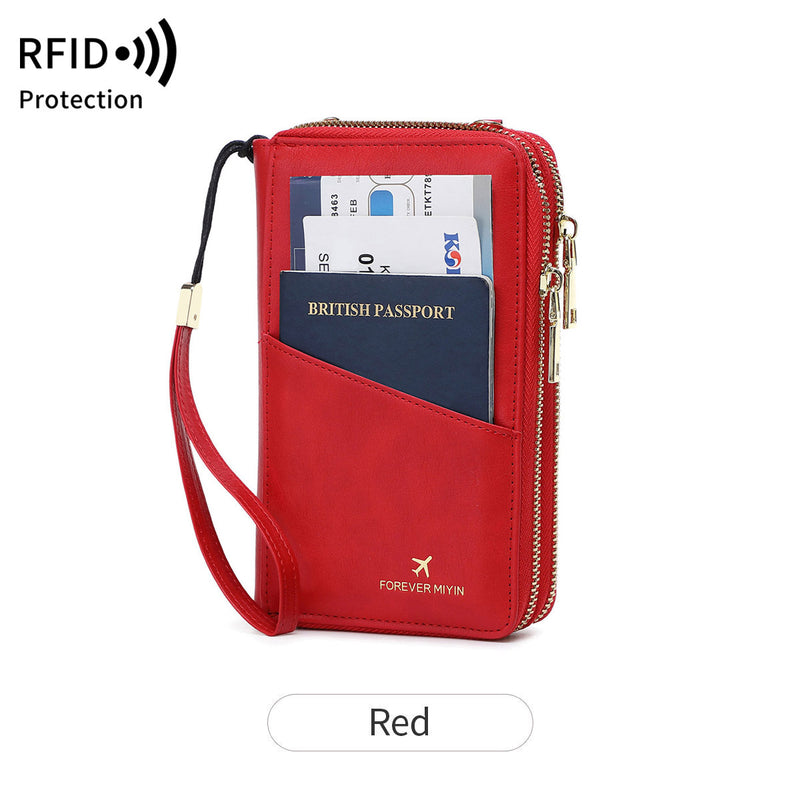 Red RFID Blocking Passport Wallet - Multi-Function Travel Organizer with Double Zipper and Crossbody Strap