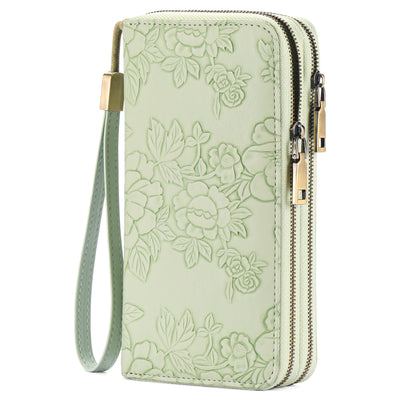Green Floral Embossed Large Capacity Women's Wallet - Double Zipper PU Leather Clutch with Detachable Wrist Strap