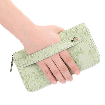 Green Floral Embossed Large Capacity Women's Wallet - Double Zipper PU Leather Clutch with Detachable Wrist Strap