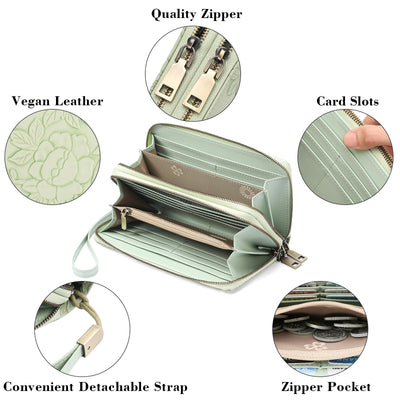 Green Floral Embossed Large Capacity Women's Wallet - Double Zipper PU Leather Clutch with Detachable Wrist Strap