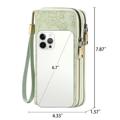 Green Floral Embossed Large Capacity Women's Wallet - Double Zipper PU Leather Clutch with Detachable Wrist Strap
