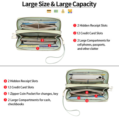 Green Floral Embossed Large Capacity Women's Wallet - Double Zipper PU Leather Clutch with Detachable Wrist Strap