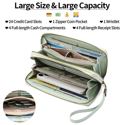 Black Floral Embossed Large Capacity Women's Wallet - Double Zipper PU Leather Clutch with Detachable Wrist Strap