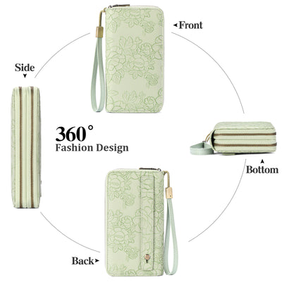 Black Floral Embossed Large Capacity Women's Wallet - Double Zipper PU Leather Clutch with Detachable Wrist Strap