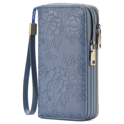 Blue Floral Embossed Large Capacity Women's Wallet - Double Zipper PU Leather Clutch with Detachable Wrist Strap