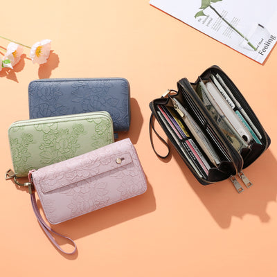 Blue Floral Embossed Large Capacity Women's Wallet - Double Zipper PU Leather Clutch with Detachable Wrist Strap