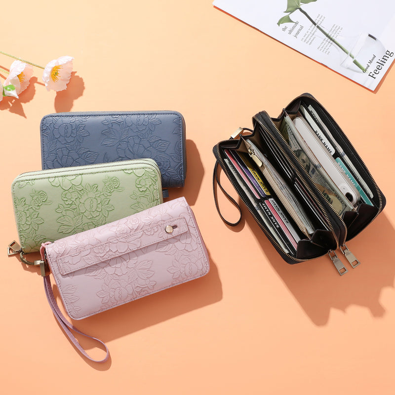 Blue Floral Embossed Large Capacity Women&