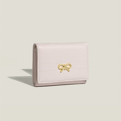 Pink Compact Women's Bow-Accent Wallet - Fresh Minimalist PU Leather Foldable Card Holder with Multiple Slots